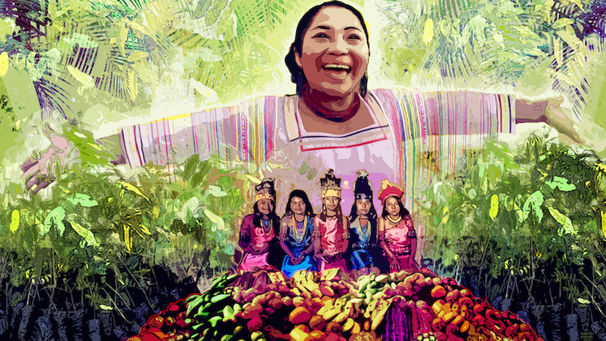 Climate leader Elvia Dagua Guatatuca illustrated, surrounded by the lush green forests of Ecuador and the Quechua People
