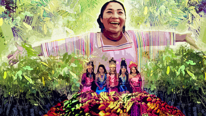 Climate leader Elvia Dagua Guatatuca illustrated, surrounded by the lush green forests of Ecuador and the Quechua People