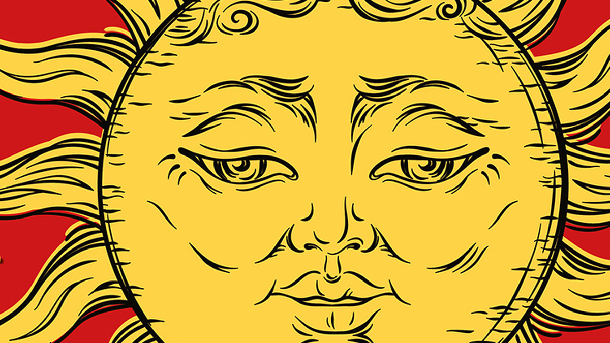 A cartoon drawing of a yellow sun with a face, on a red background.