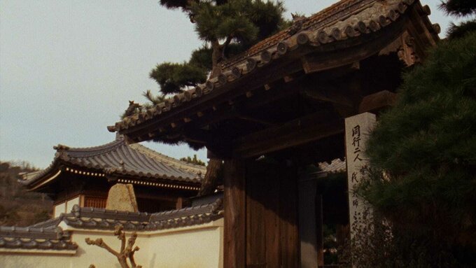 Entrance to a Japanese house with pagoda roof and trees surrounding the doorway.
