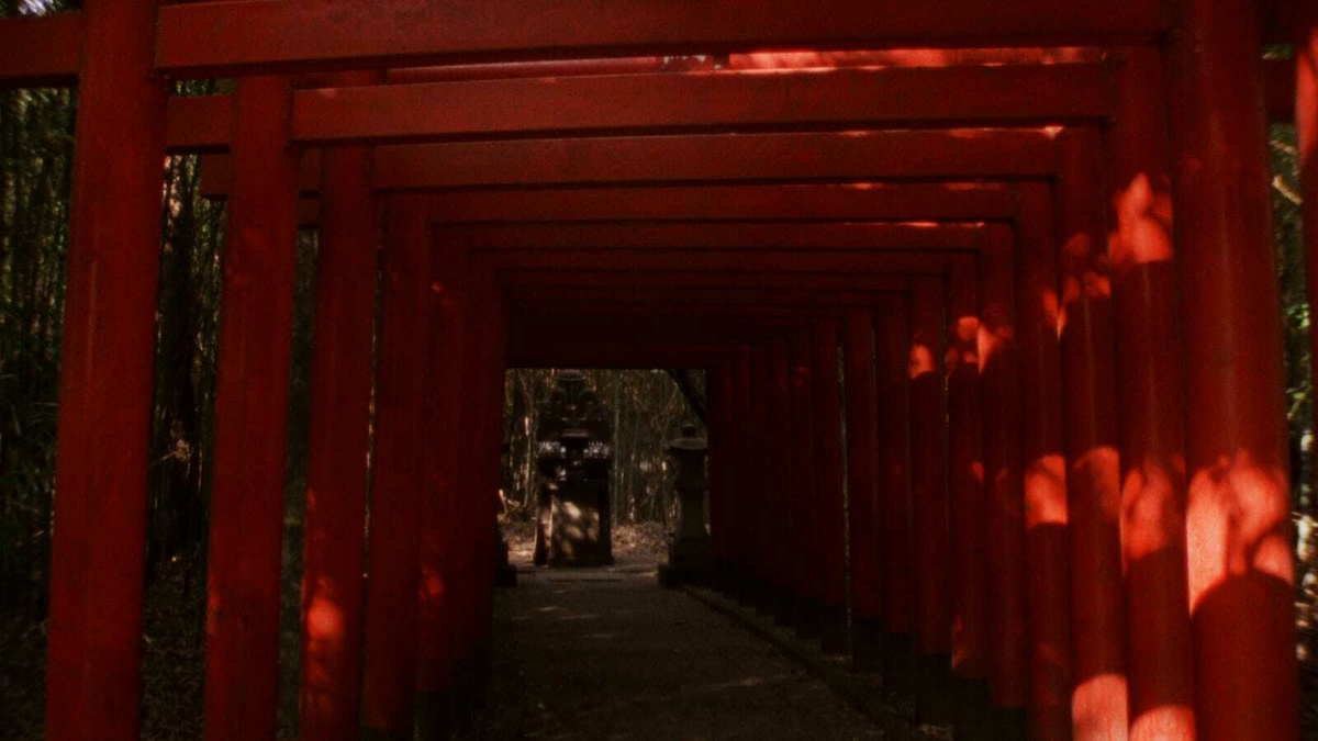 Traditional red Japanese gates leading to a Shinto shrine.