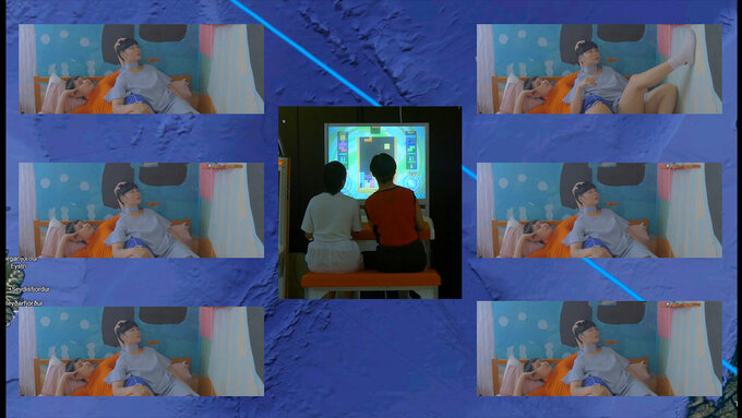 Images are superimposed on a blue background. The central image features two people playing a computer game on a screen.