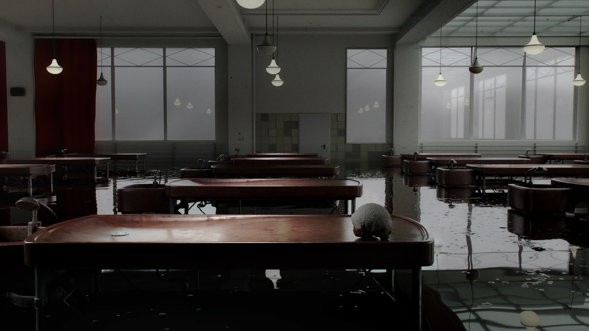 An abandoned room full of desks and chairs. There is a large round coral placed on a desk.