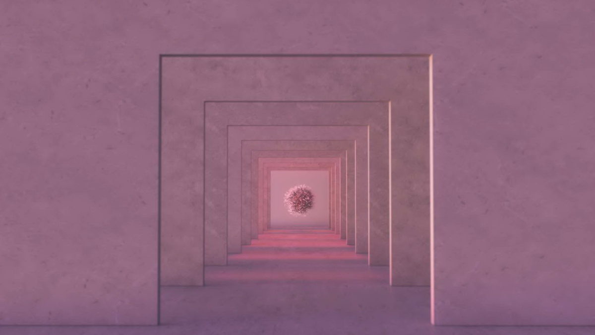 A shot showing a series of portals in mauve walls, at the end, a round, mauve-coloured creature with seaweed-like fur.