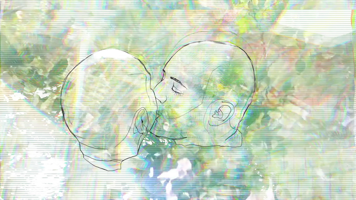A drawing of two men’s heads, kissing each other, against a bright green background with iridescent abstract shapes.