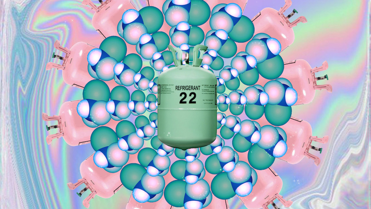 A canister of refridgerant gas in the centre, surrounded by multi-coloured kaleidoscopic reiterations of the canister.