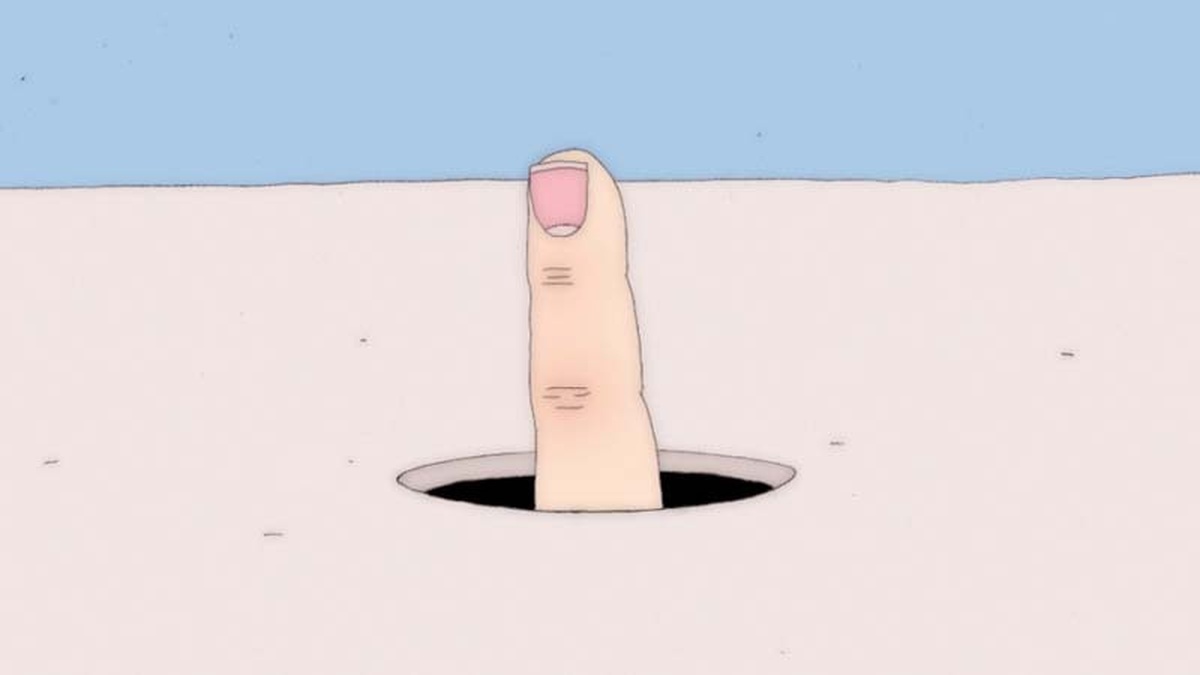 In an animated scene. an index finger rises from a round, black hole in a flat, pink surface.