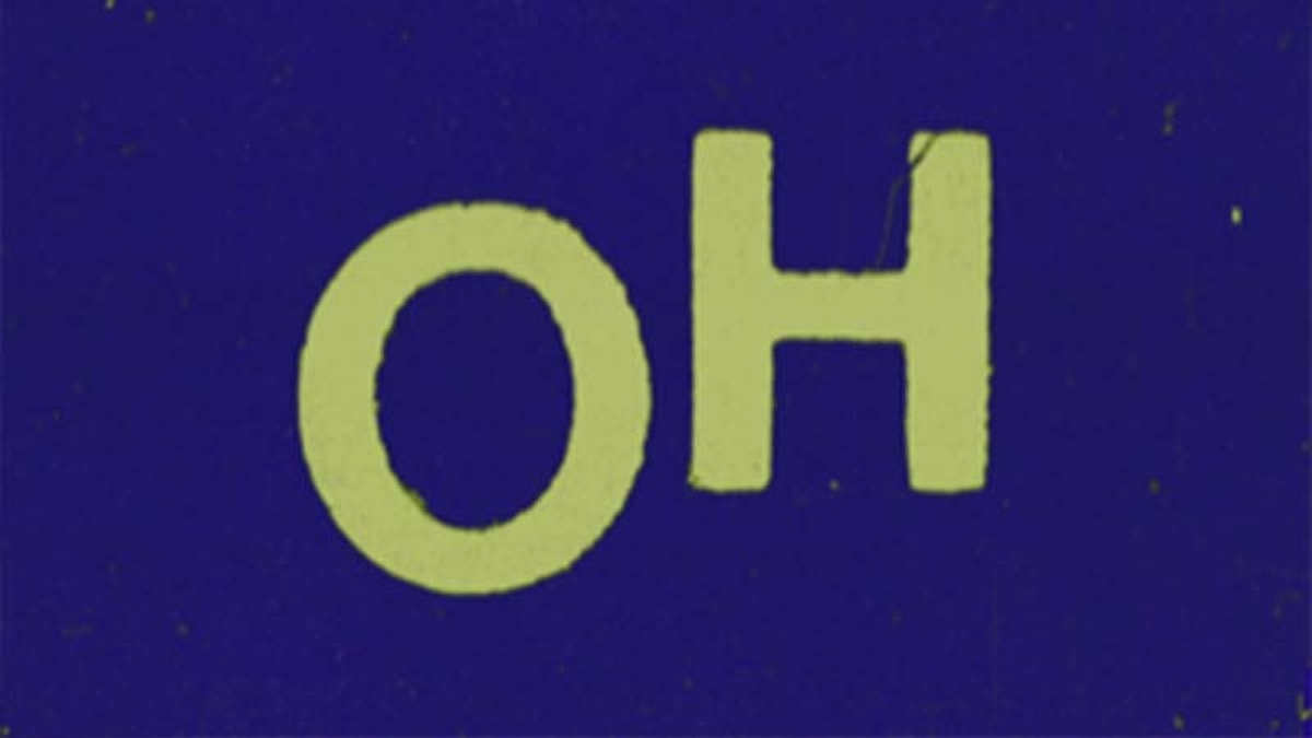 Against a bright blue background, the letters "O" and "H" are written on slightly different levels.