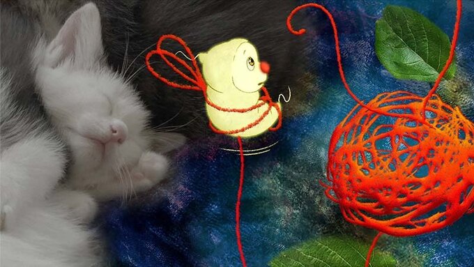 A glowing yellow bug with a red nose floats in mid-air, tied up in a ball of red wool. A kitten sleeps underneath it.