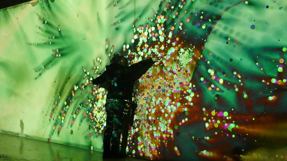 A person hugs a touch sensitive screen and generates multi-coloured floral shapes.