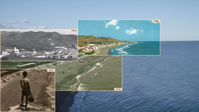 A collage made up of photos of a young man standing on the beach and looking at the coastal town.