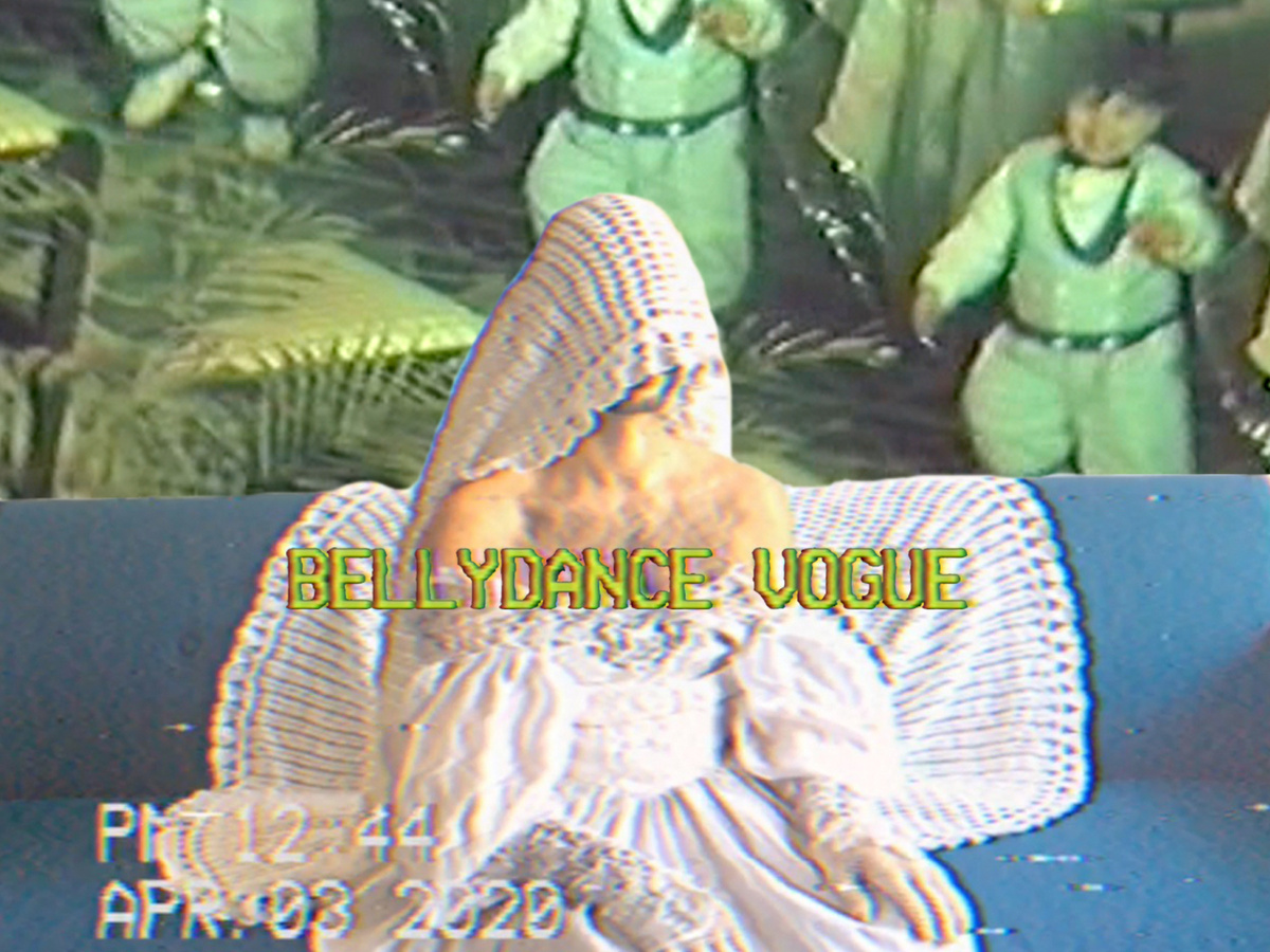 A grainy image of a person sitting, white lace covering their head. VHS-style text reads "BELLYDANCE VOGUE".