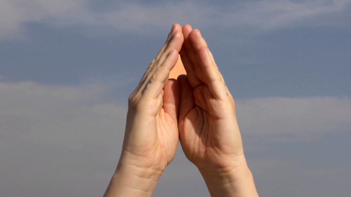 Two hands form a V shape against a blue sky.