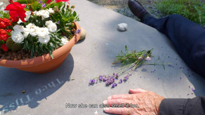 A plantpot with flowers sits on an outside table, with a small bunch of lavender next to a person's hand.