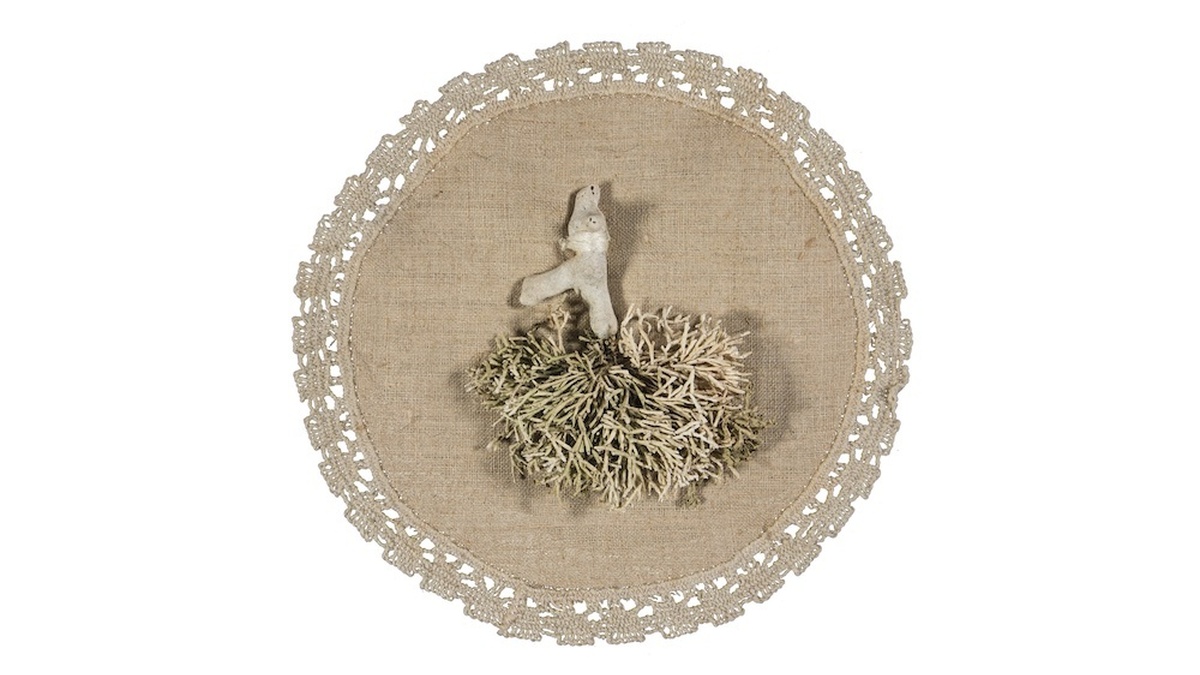 An embroidered circle of fabric with decorative edges, and a fabric root in the centre. The root looks similar to a lung