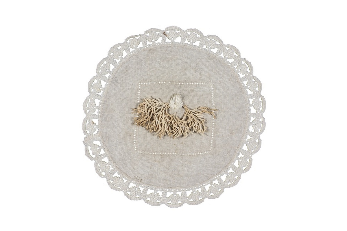 An embroidered circle of fabric with edges like a decorative table cloth, and a shape like a plant's root in the centre.