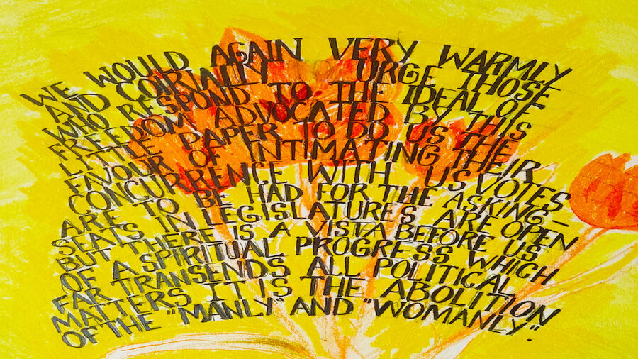 A yellow image with orange watercolour flowers, there is black handwritten text overlayed on the image.