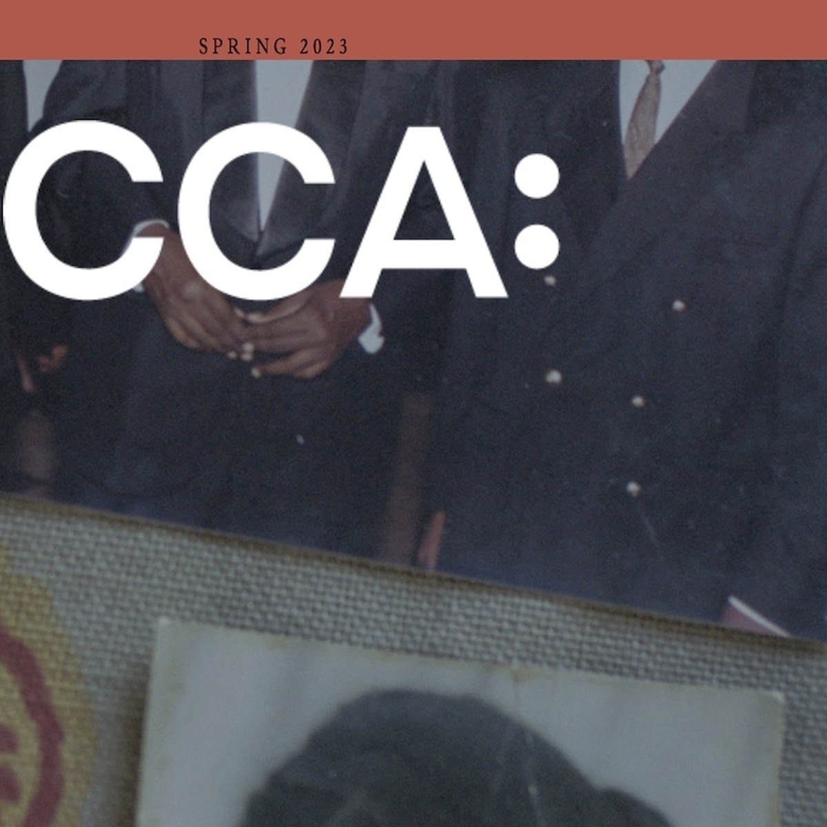 The top section of the publication cover, the CCA: logo on a still from Tuan Andrew Nguyen's film, with a red boarder