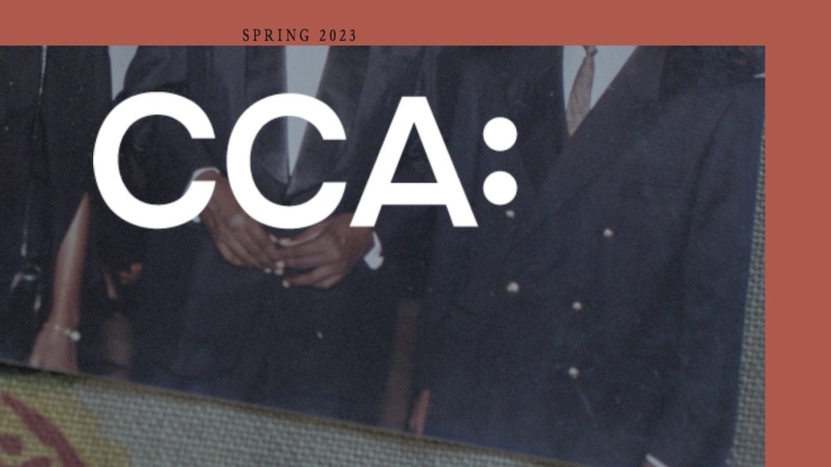 The top section of the publication cover, the CCA: logo on a still from Tuan Andrew Nguyen's film, with a red boarder